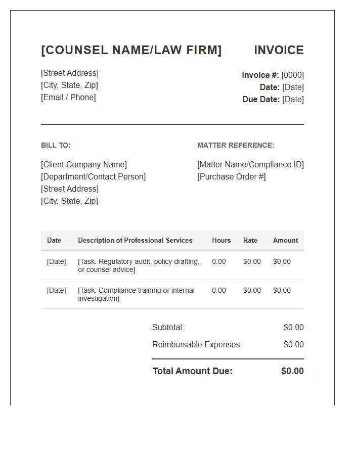 Corporate Compliance Counsel Invoice Template