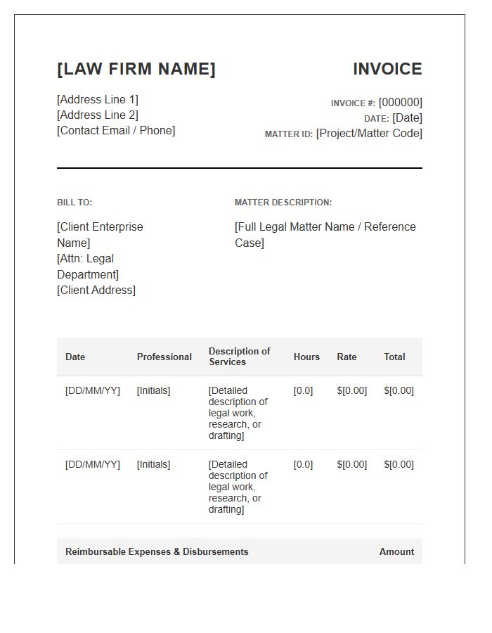 Enterprise Legal Counsel Billing Invoice Template