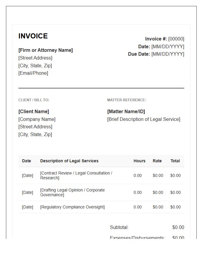 General Counsel Legal Advice Invoice Template