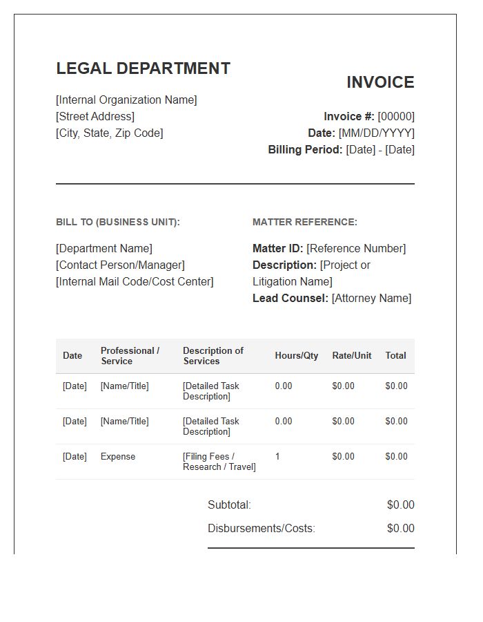 In-House Legal Department Services Invoice Template