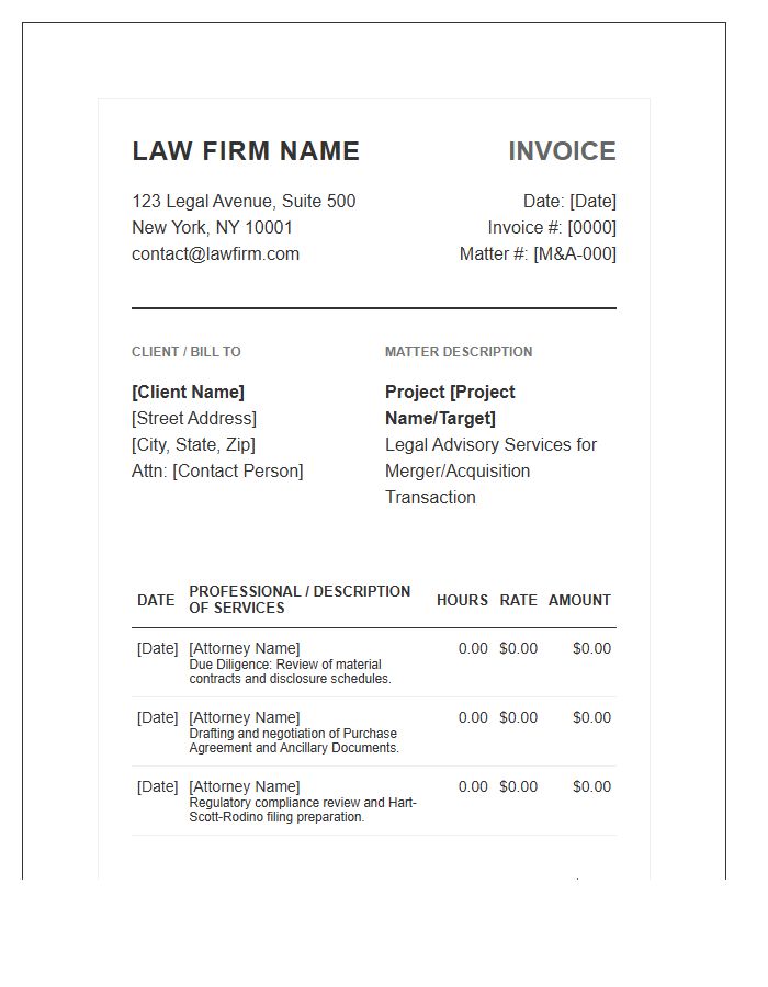 Mergers And Acquisitions Legal Invoice Template