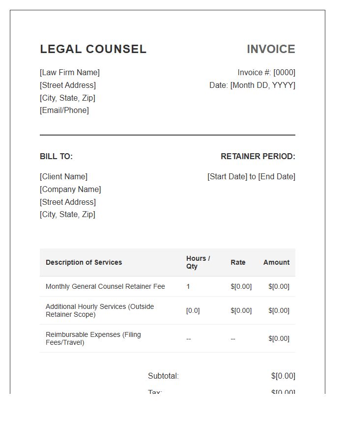 Monthly Retainer Legal Counsel Invoice Template