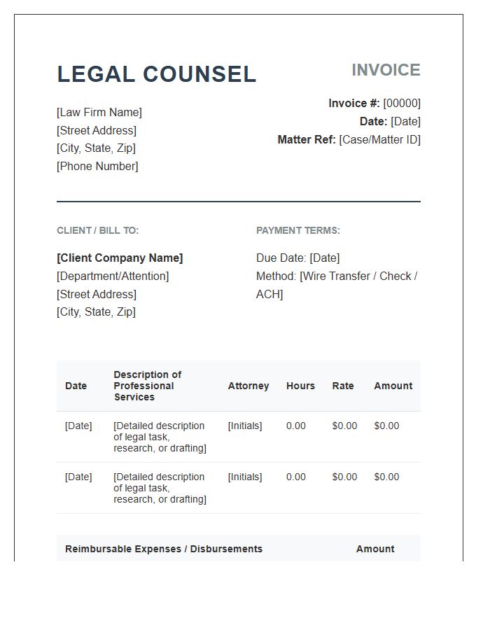 Professional Corporate Legal Counsel Invoice Template