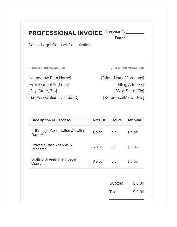 Senior Legal Counsel Consultation Invoice Template