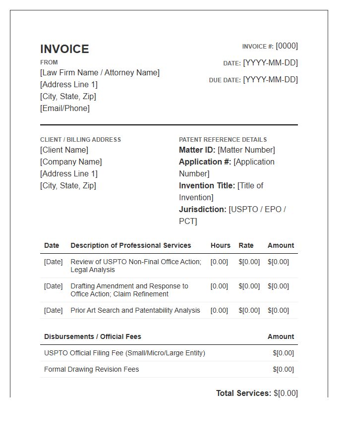Patent Examination Attorney Invoice Template