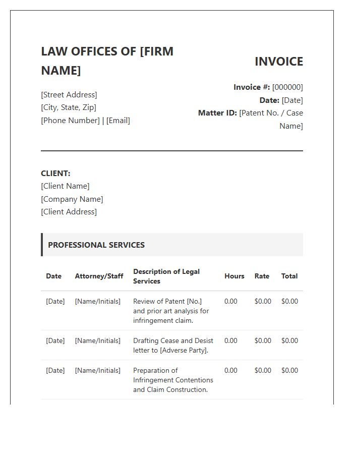 Patent Infringement Attorney Invoice Template