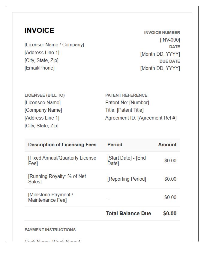 Patent Licensing Fee Invoice Template