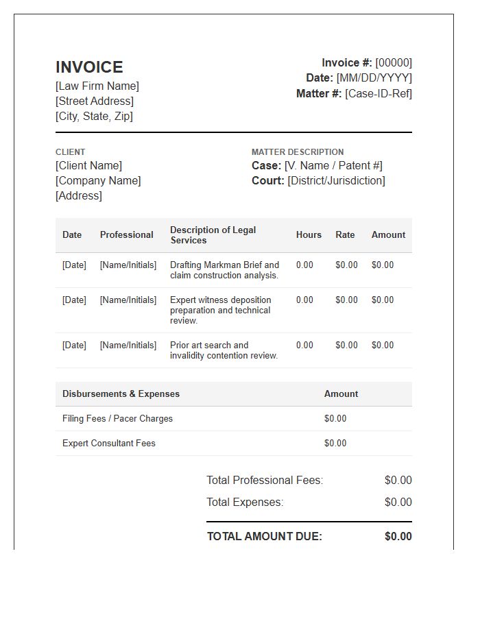 Patent Litigation Services Invoice Template