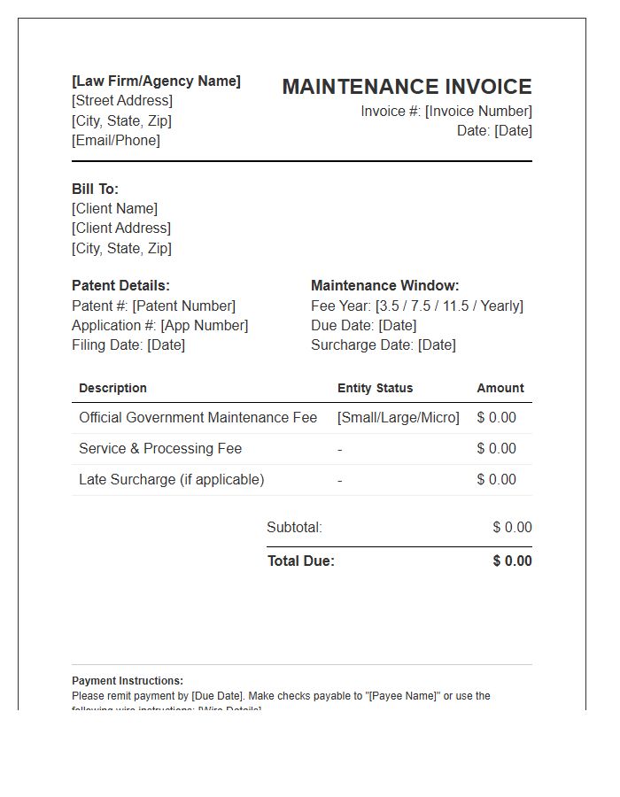 Patent Maintenance Fee Invoice Template