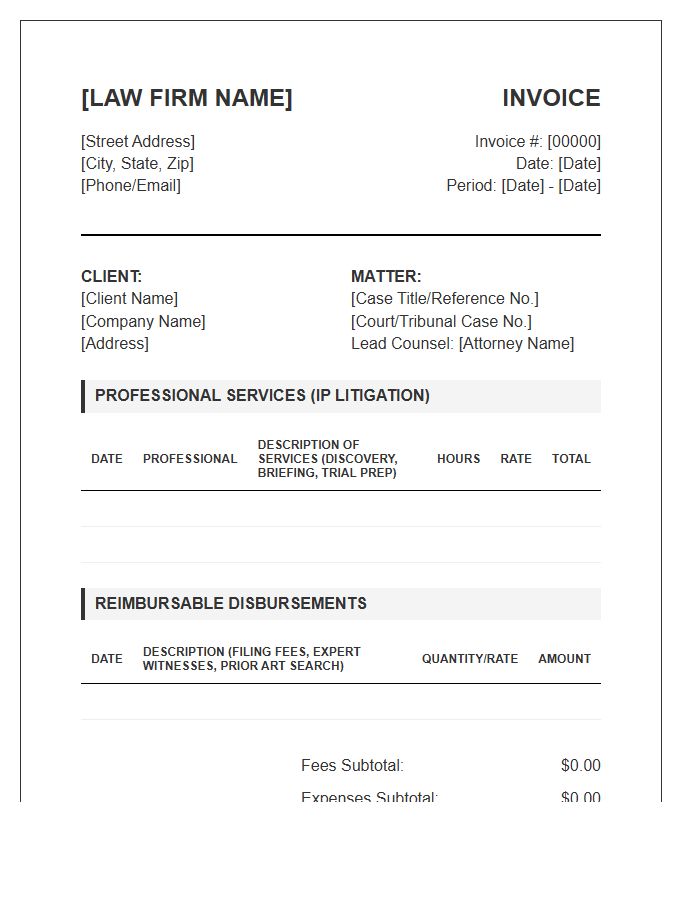 Intellectual Property Litigation Legal Invoice Template