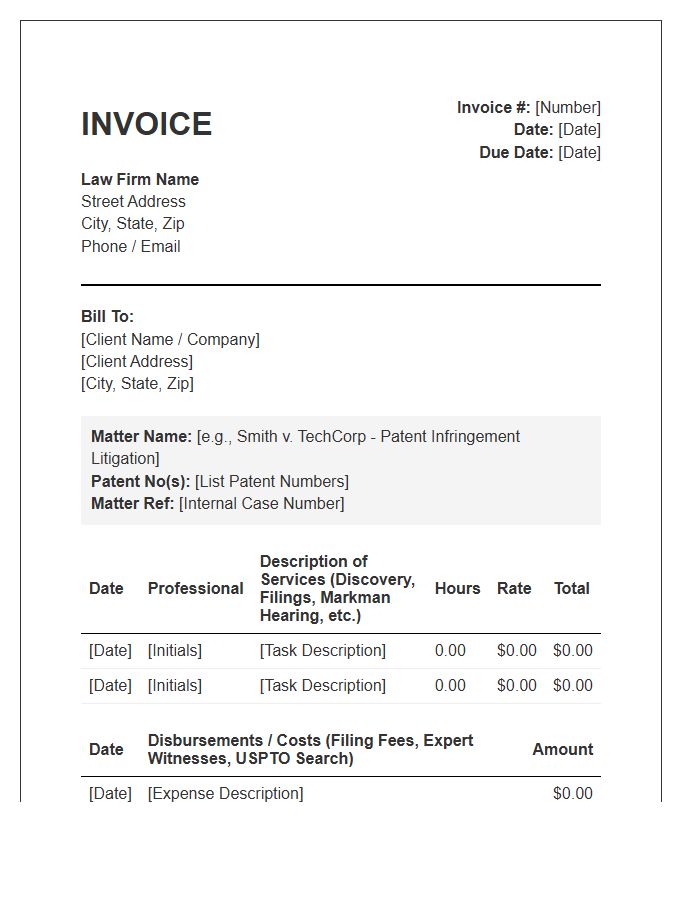 Patent Infringement Attorney Invoice Template
