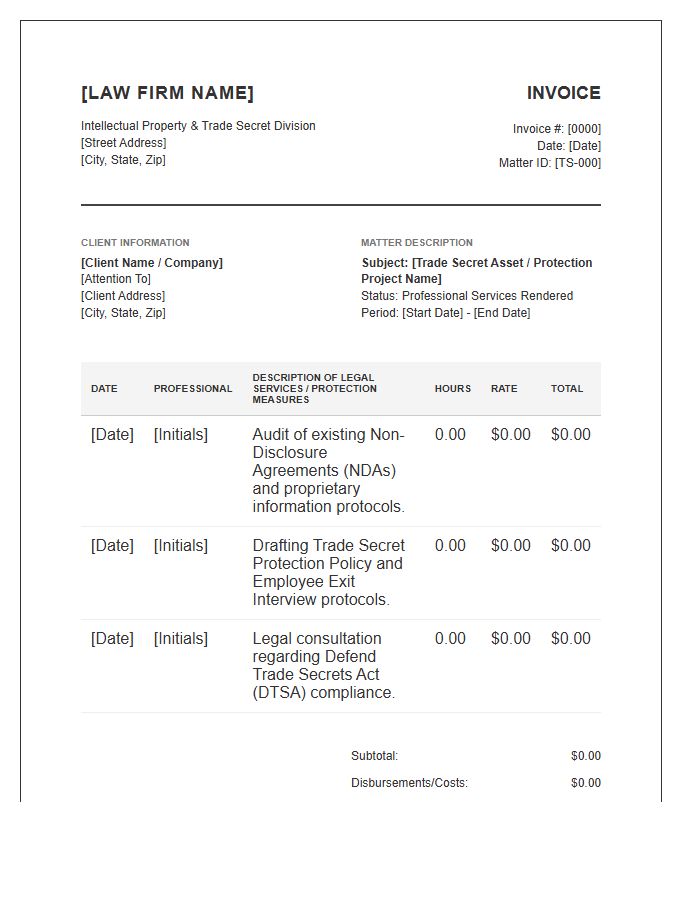 Trade Secret Protection Legal Invoice Template