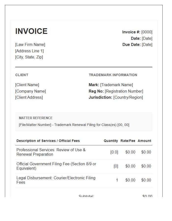 Trademark Renewal Legal Invoice Template