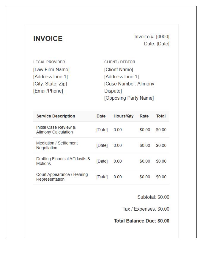 Alimony Dispute Billing Invoice Template