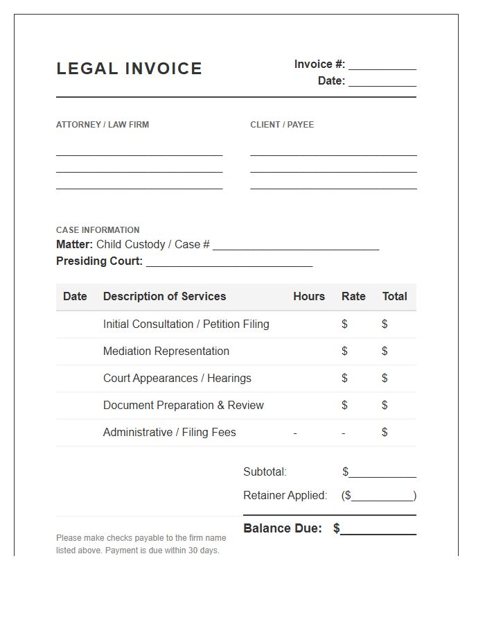 Child Custody Case Invoice Template