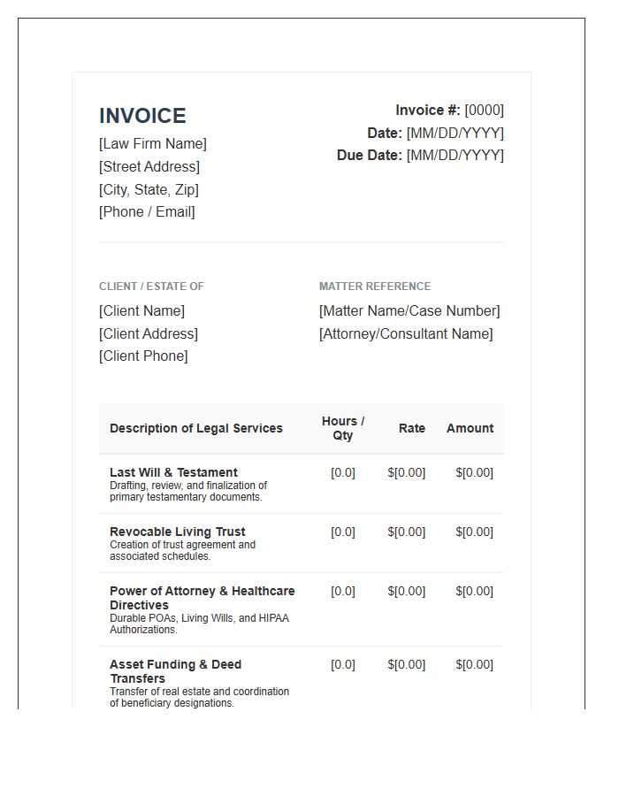 Comprehensive Estate Planning Invoice Template
