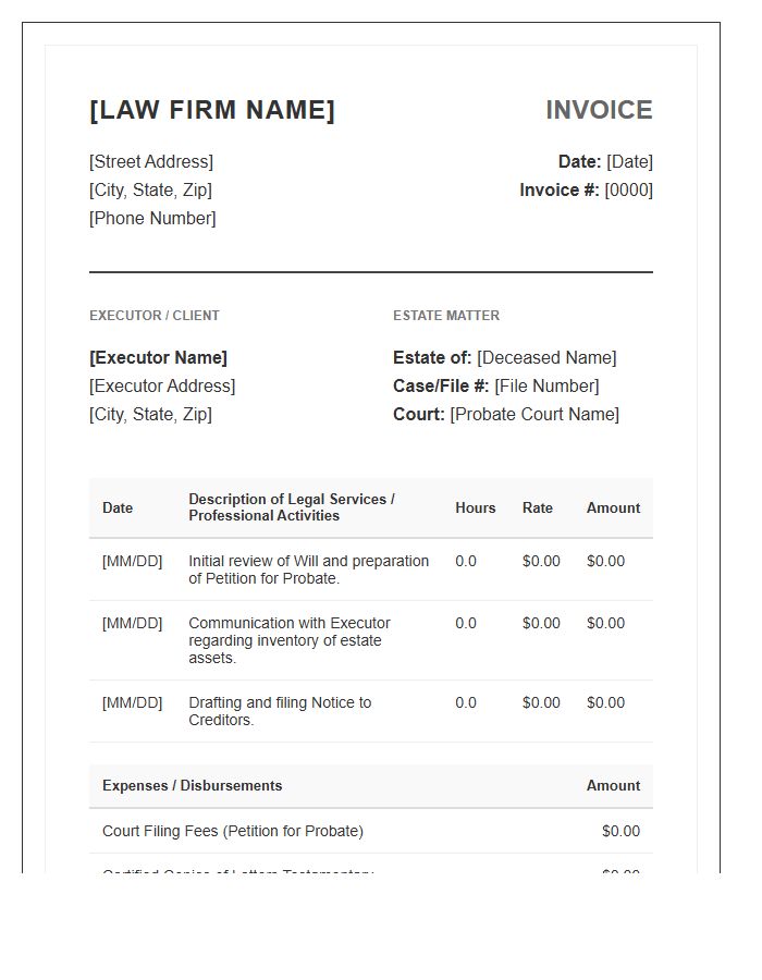 Estate Executor Legal Invoice Template