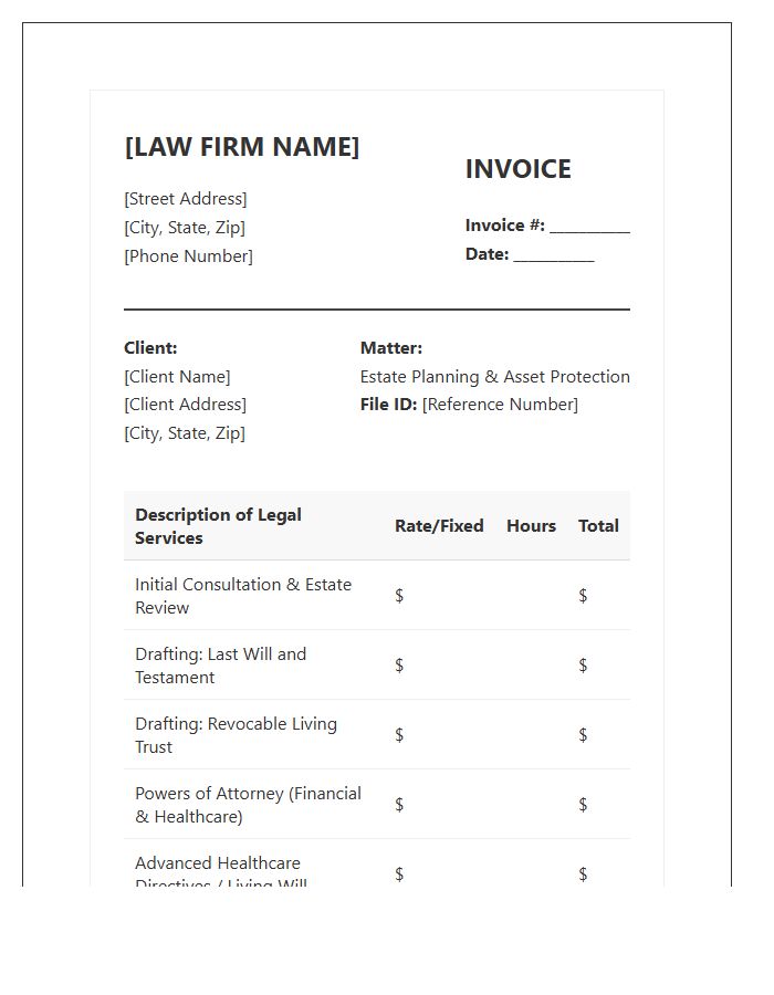 Legal Services Estate Planning Invoice Template