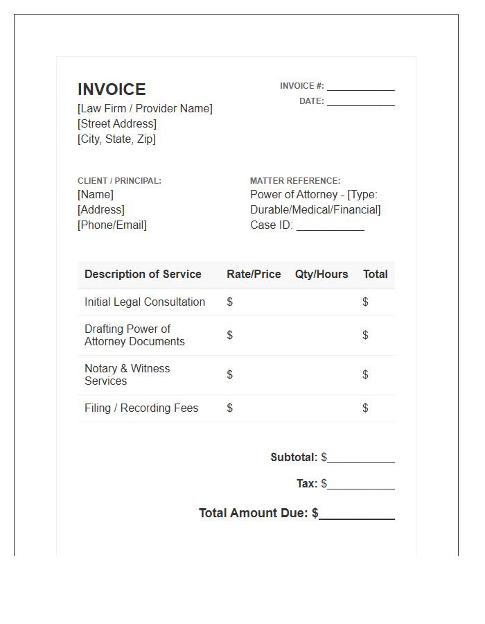 Power Of Attorney Service Invoice Template
