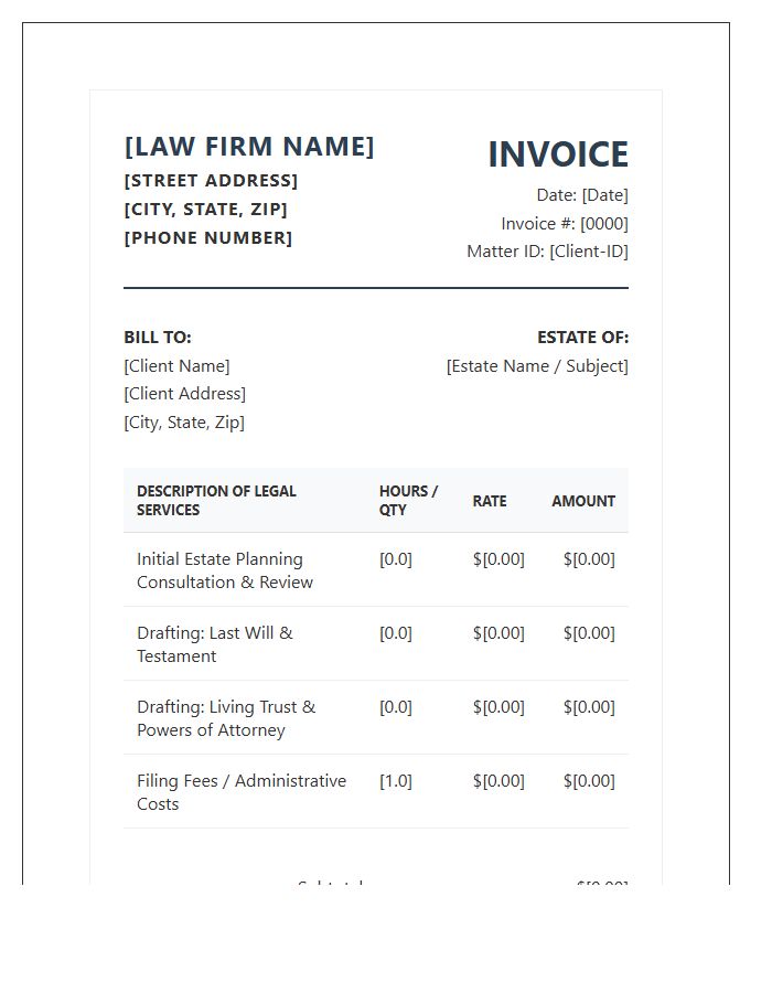Professional Estate Planning Attorney Invoice Template