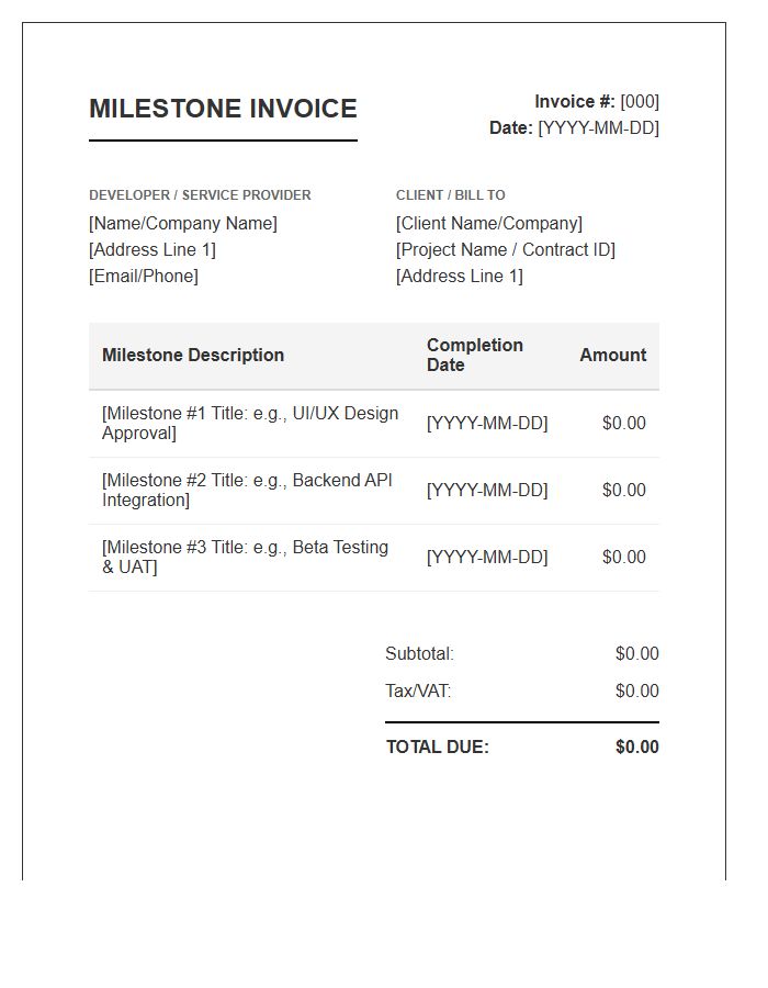 Milestone Software Development Contract Invoice Template