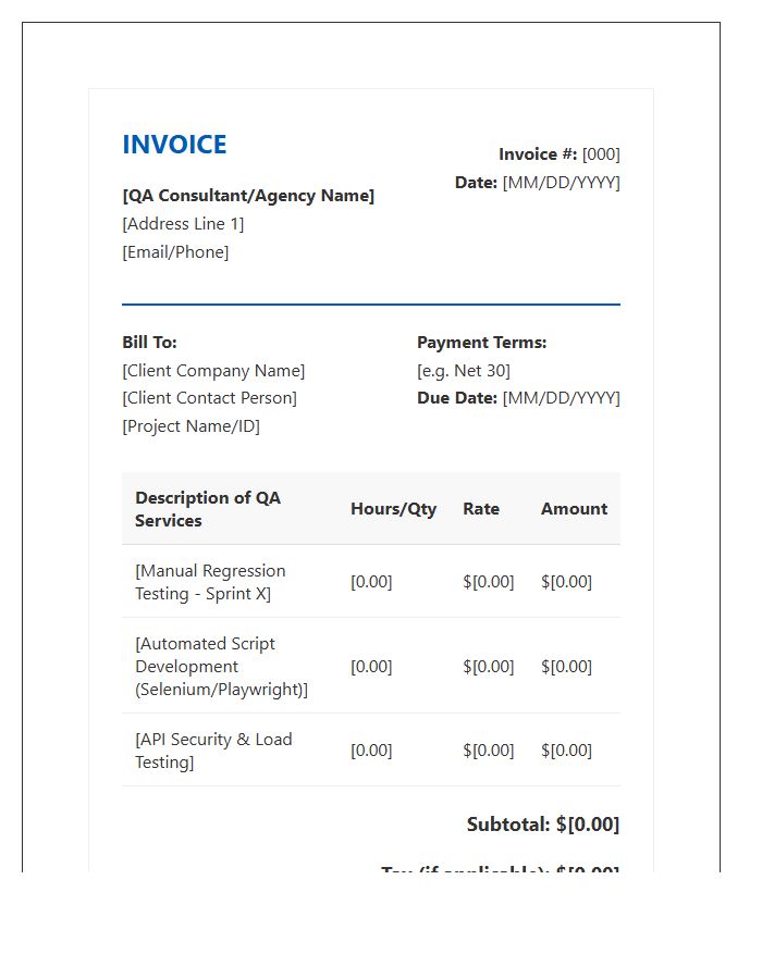 Software Quality Assurance Contract Invoice Template