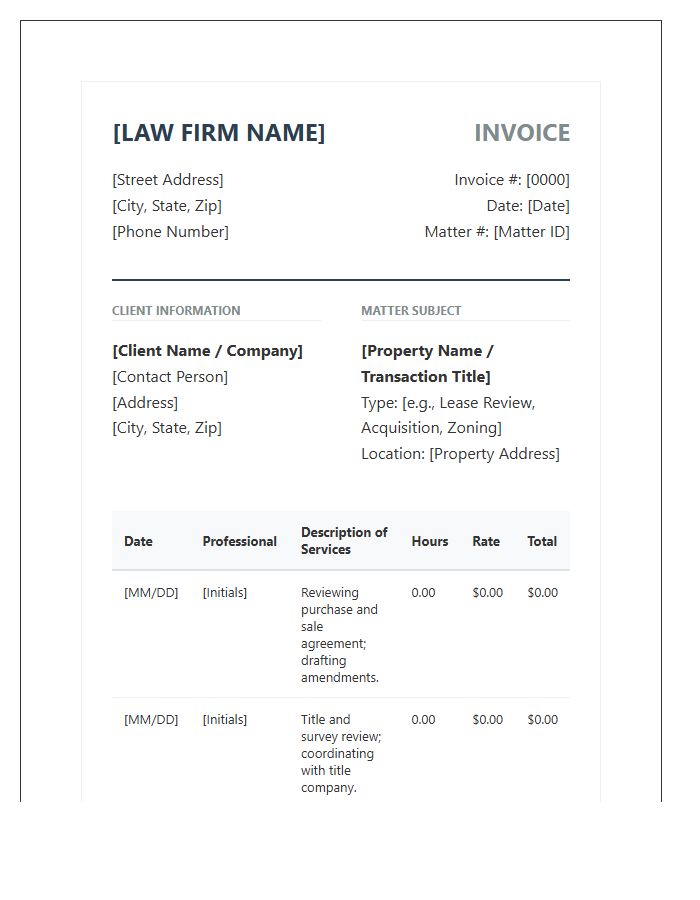 Commercial Real Estate Law Invoice Template