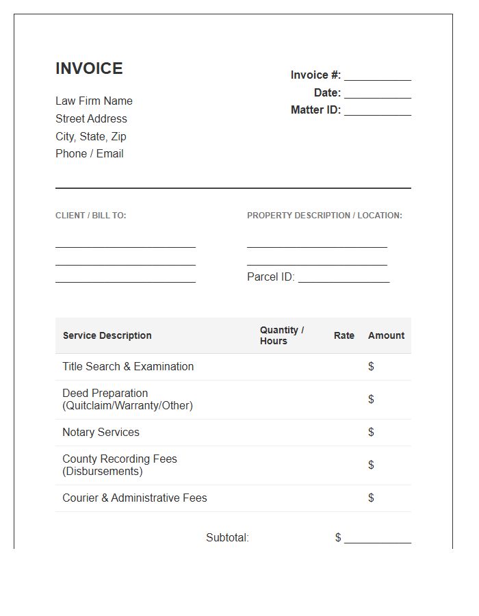 Property Deed Preparation Legal Invoice Template
