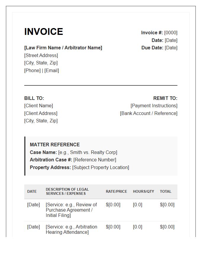 Real Estate Arbitration Legal Invoice Template