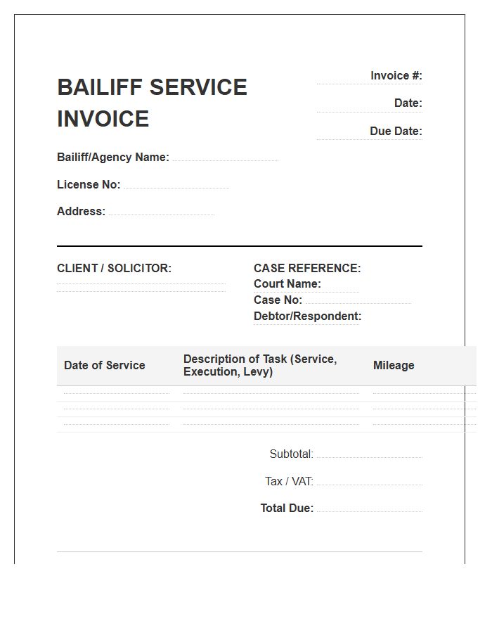 Bailiff Service Invoice Template