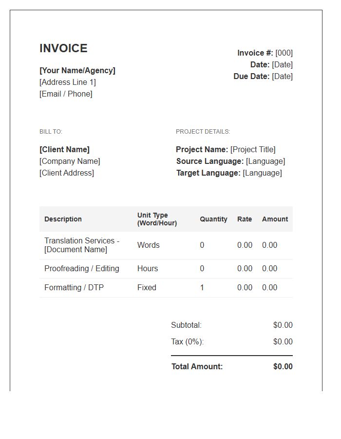 Language Translation Invoice Template