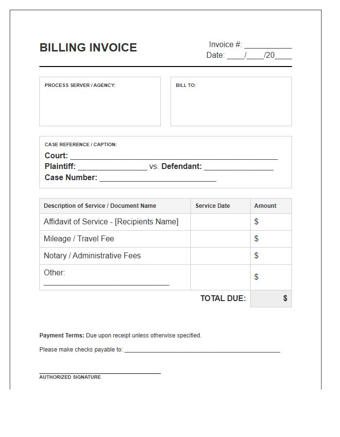 Affidavit Of Service Billing Invoice Template