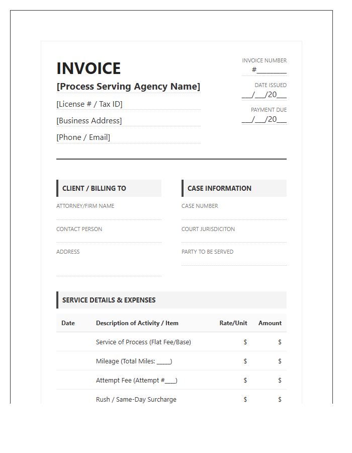 Detailed Process Server Billing Invoice Template