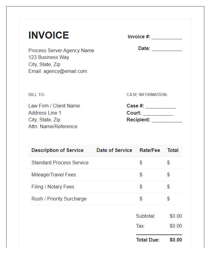 Electronic Process Server Billing Invoice Template