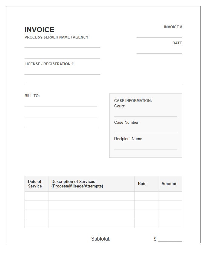 Independent Process Server Billing Invoice Template