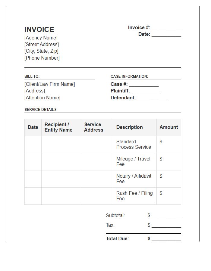 Process Server Agency Billing Invoice Template