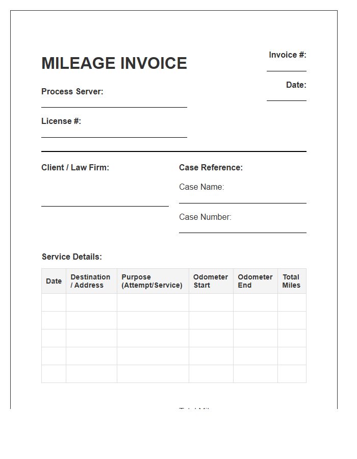 Process Server Mileage Billing Invoice Template