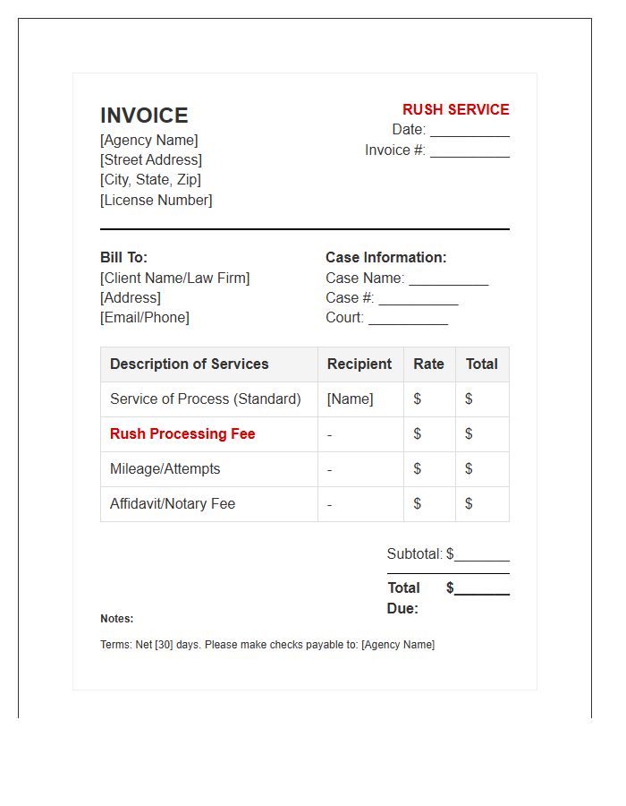 Rush Process Service Billing Invoice Template