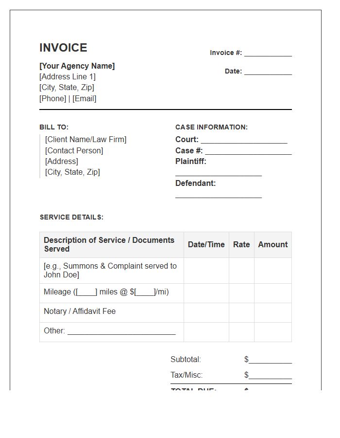 Standard Process Server Billing Invoice Template