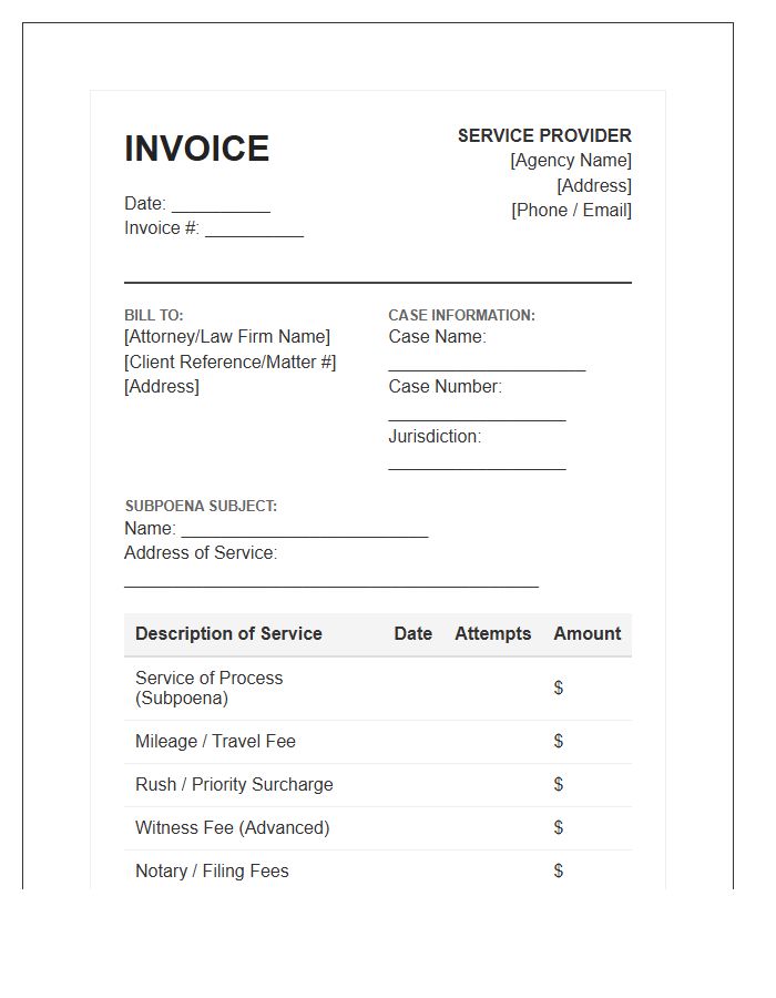 Subpoena Service Billing Invoice Template