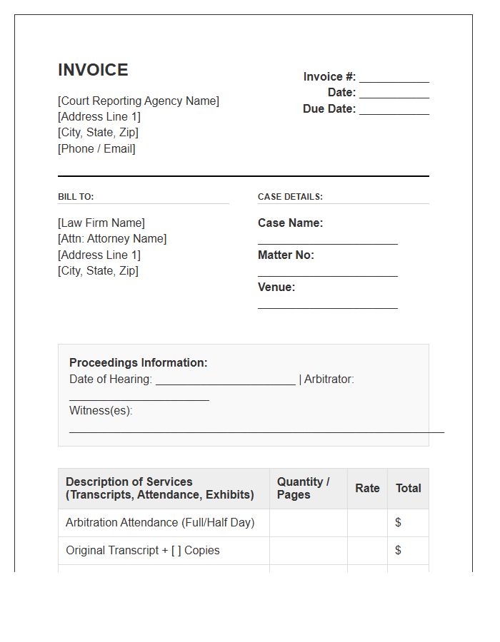 Arbitration Court Reporting Invoice Template