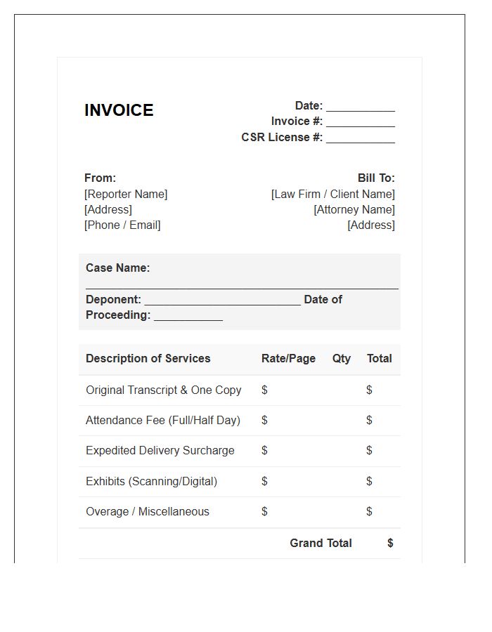 Certified Shorthand Reporter Invoice Template