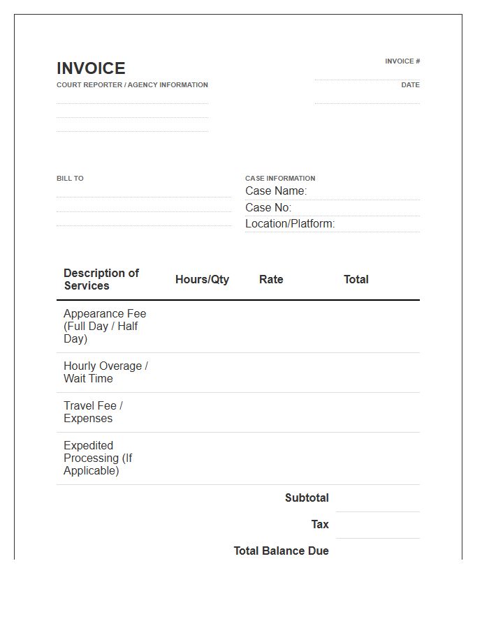 Court Reporter Appearance Fee Invoice Template