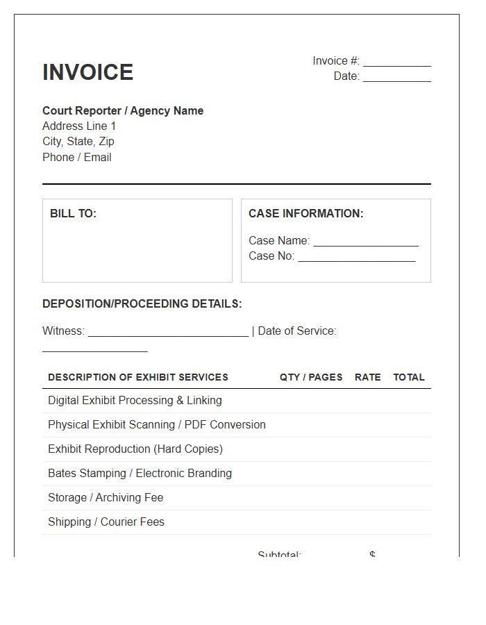 Court Reporter Exhibit Handling Invoice Template
