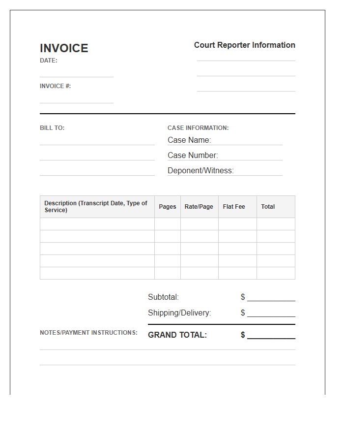 Court Reporter Transcript Billing Invoice Template