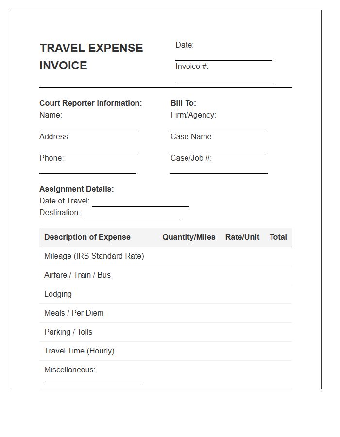 Court Reporter Travel Expense Invoice Template