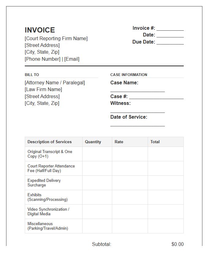 Court Reporting Firm Client Invoice Template