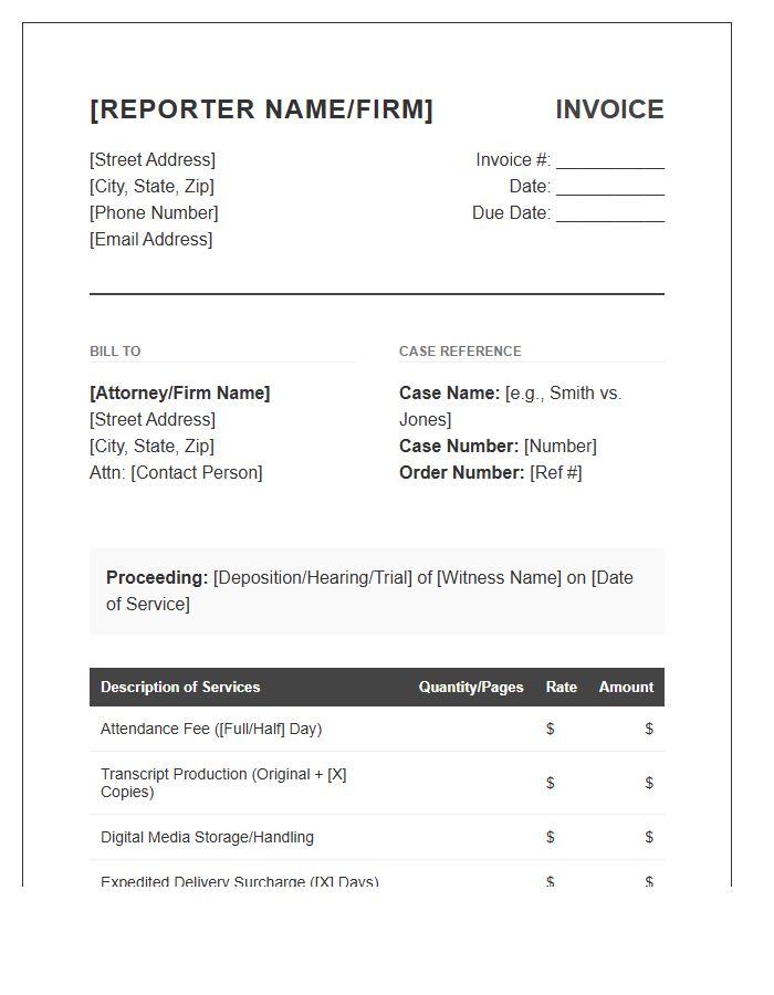 Digital Court Reporter Professional Invoice Template