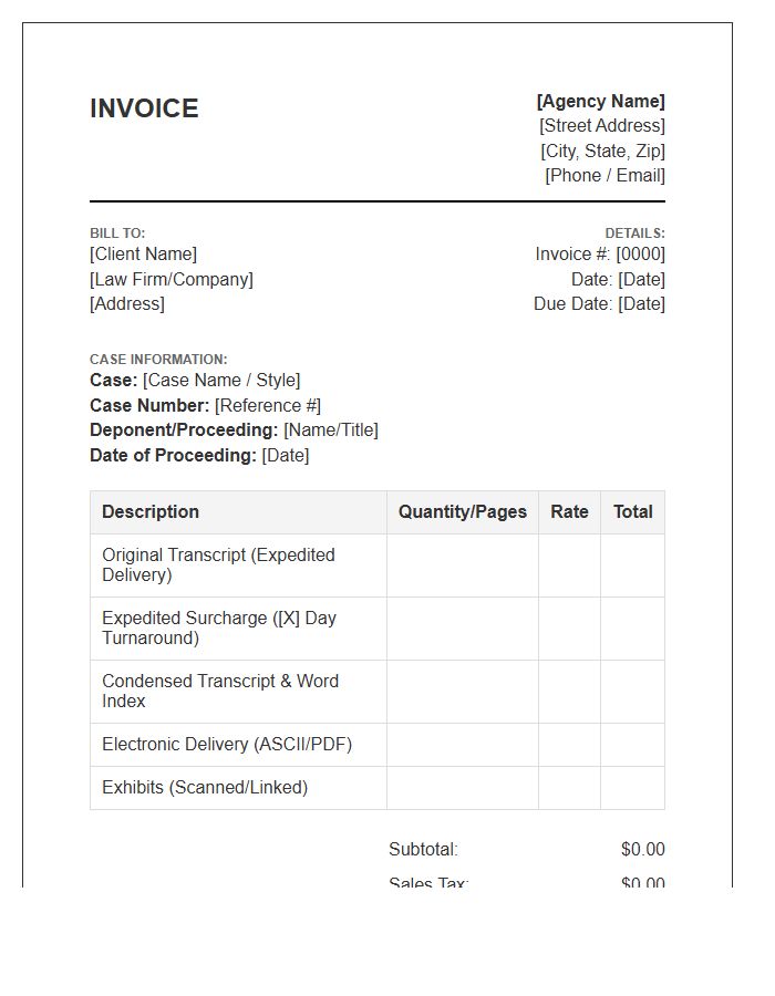 Expedited Transcript Court Reporting Invoice Template