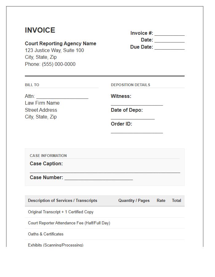 Legal Deposition Court Reporting Invoice Template